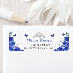 Etiqueta Endereço Floral Azul Borboletas Prateadas Quinceañ