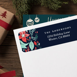 Etiqueta Endereço Floral de Natal Azul Elegante Vermelho