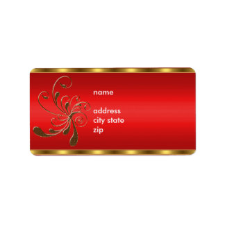 Etiqueta Endereço Floral Dourado no Vermelho