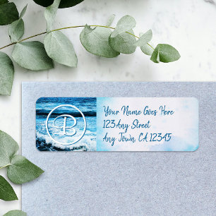 Etiqueta Endereço monograma personalizado das ondas azuis d
