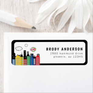 Etiqueta Endereço Tema de Revista de Super-Herói