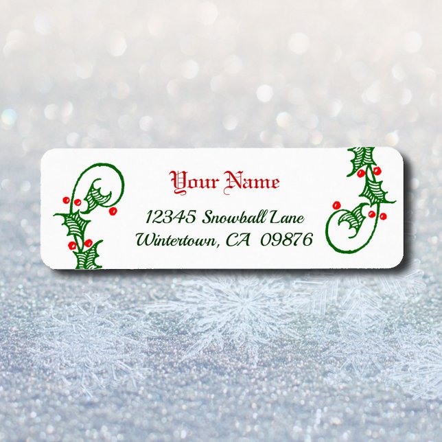 Etiqueta Endereços Editáveis Retro Green Holly e Red Berrie (Criador carregado)