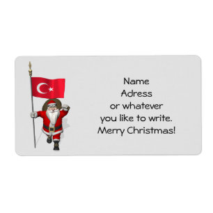 Etiqueta Engraçado Papai Noel Com Bandeira Da Turquia