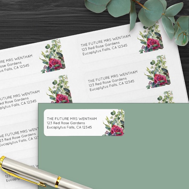 Etiqueta Envelope de Casamento Simples Rosa Vermelha e Euca (Future Mrs wedding address labels from my Red Rose and Eucalyptus Wedding Collection)