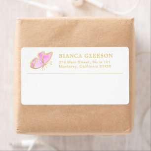 Etiqueta Envio Elegante de Borboleta Rosa e Dourada