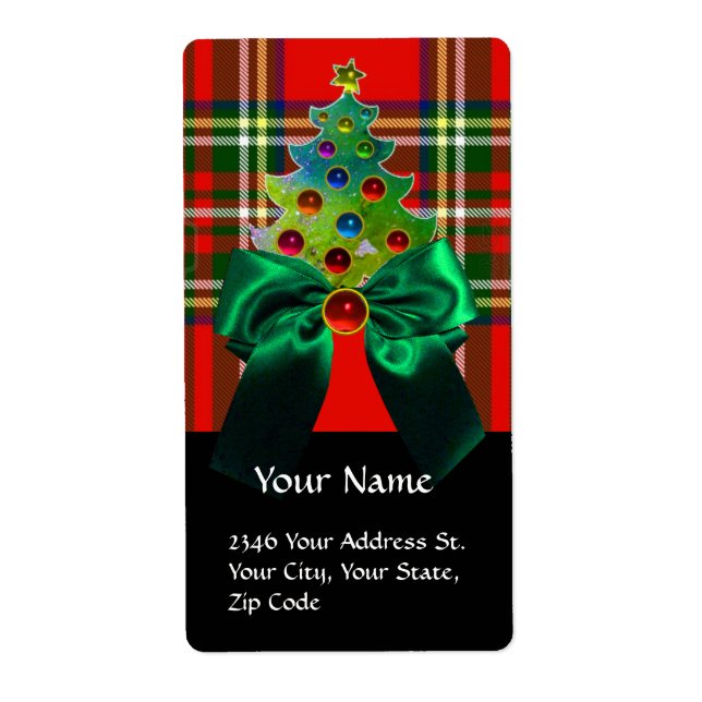 ETIQUETA ESCOCÊS TARTAN, ARCO VERDE E ÁRVORE DE NATAL (Frente)