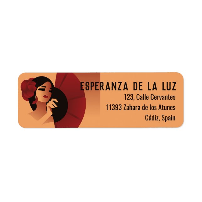 Etiqueta Espanhola com fã e rosa vermelha no cabelo (Frente)