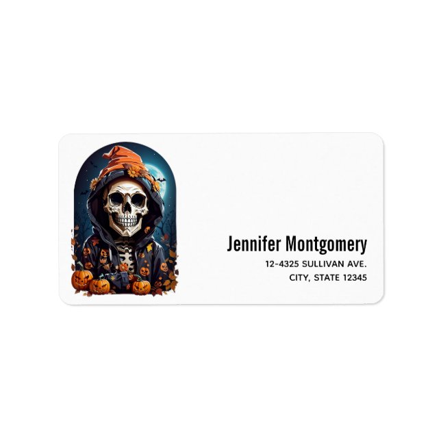 Etiqueta Esqueleto Sinistro Sorridente de Halloween (Frente)