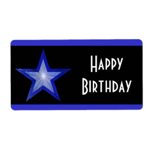 Etiqueta Estrela Azul Escura com a faixa 'Feliz Aniversári