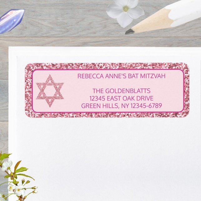 Etiqueta Estrela Elegante Rosa De David Bat Mitzvah (These faux pink glitter return address labels are easy to personalize)