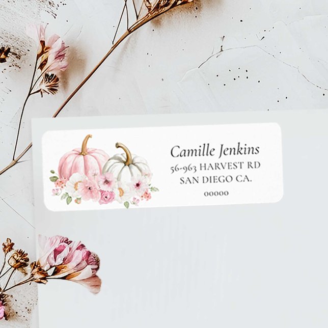 Etiqueta Fall Pink Pumpkin Address Label (Pink Pumpkin Fall Baby Shower Address Label)