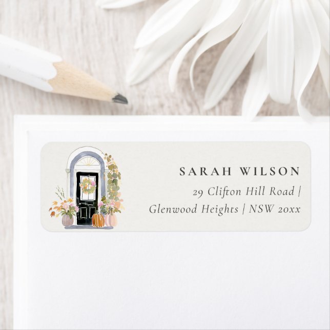 Etiqueta Fall Pumpkin Front Door Floral Moved Address (Insitu)