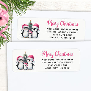 Etiqueta Família de Pinguins Cachorros de Natal Rosa Modern