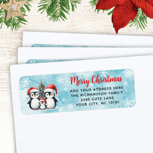 Etiqueta Família de Pinguins Cachorros de Natal Vermelho Mo