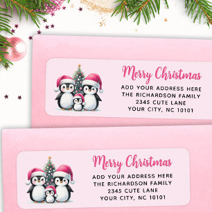 Etiqueta Família Pinguins Bonitos Feliz Natal Rosa