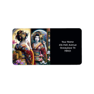 Etiqueta Fantasy Bonita Duas Mulheres Japonesas