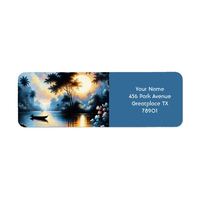 Etiqueta Fantasy Cute Boat Sunset Lake (Frente)