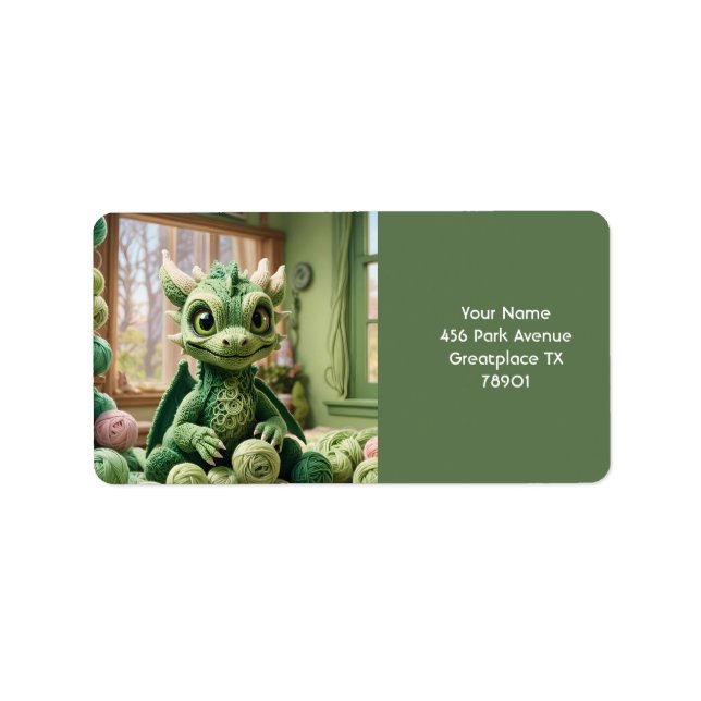 Etiqueta Fantasy Cute Green Yarn Dragon (Frente)