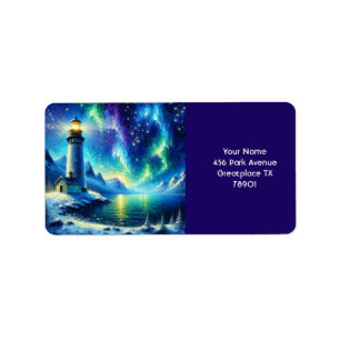 Etiqueta Fantasy Cute Lighthouse Snowy Shoreline