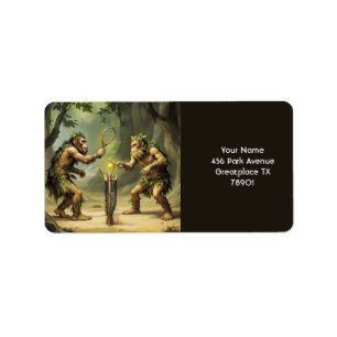 Etiqueta Fantasy Cute Neandertals Jogando Tênis
