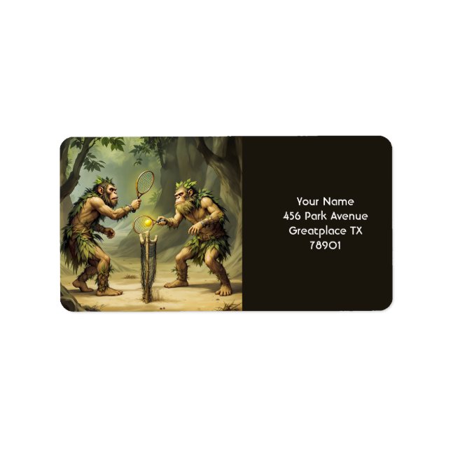 Etiqueta Fantasy Cute Neandertals Jogando Tênis (Frente)