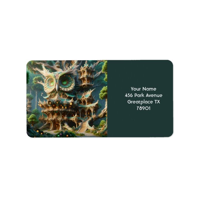 Etiqueta Fantasy Cute Owl Tree House (Frente)