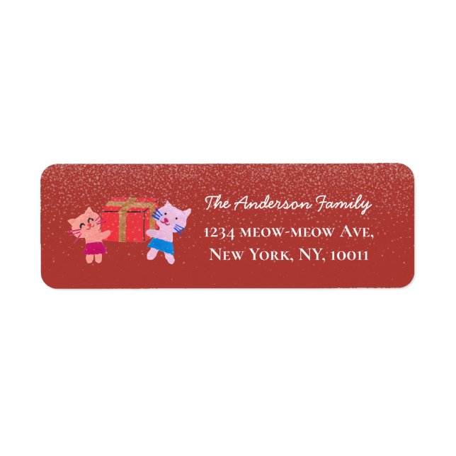Etiqueta Felinos festivos neve caindo vermelho Natal retorn (Frente)