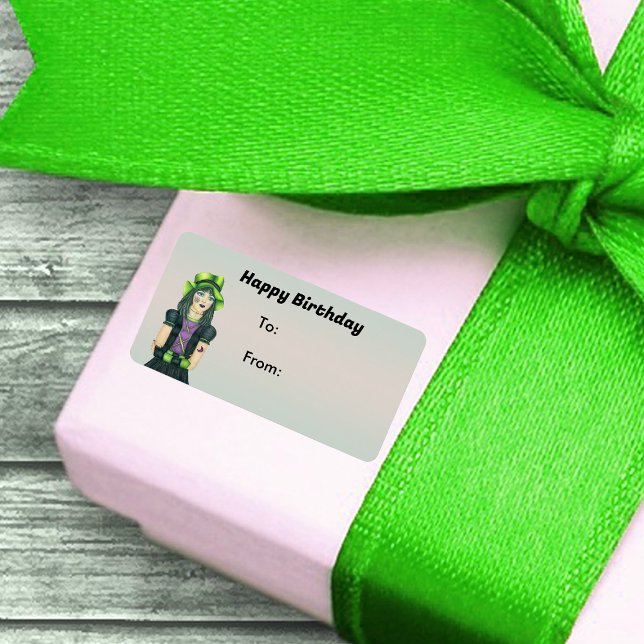 Etiqueta Feliz Aniversário Gótica Tatuagem Cabelo Preto Ver (Pretty Goth girl green hat tattoos black dress on pale green Happy Birthday gift tag stickers.)