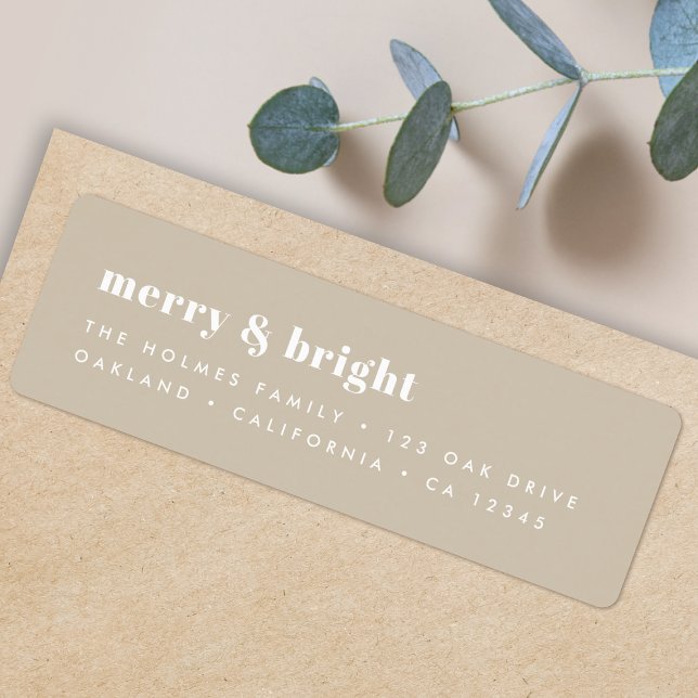 Etiqueta Feliz e Brilho | Na moda Retro natalino (Personalize your envelopes with this neutral beige Christmas label)