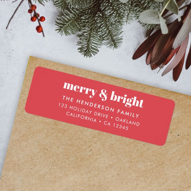 Etiqueta Feliz e Brilho | Vermelho Brilhante de Natal moder (“Merry & Bright” address label by Guava for stylish holiday mail)