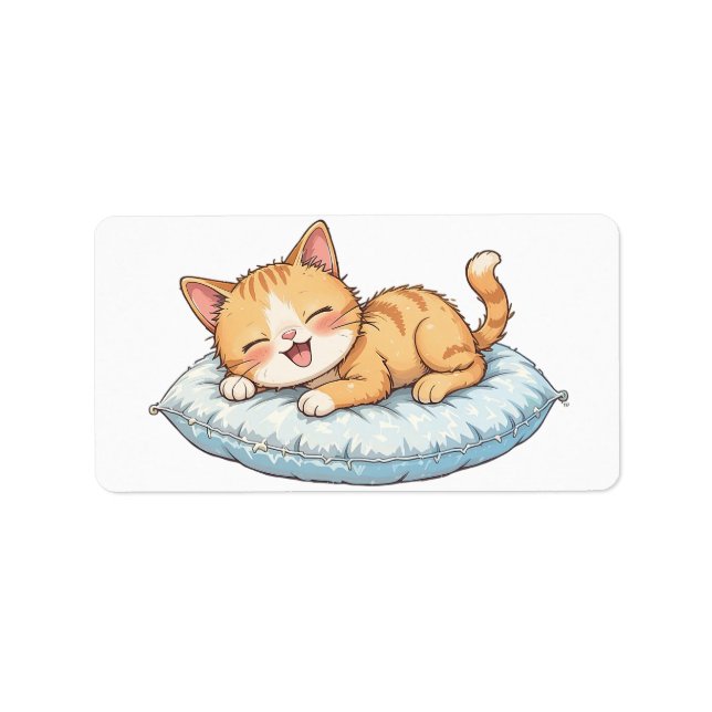 Etiqueta Feliz Gato Sonhando com um Travesseiro Cozy (Frente)