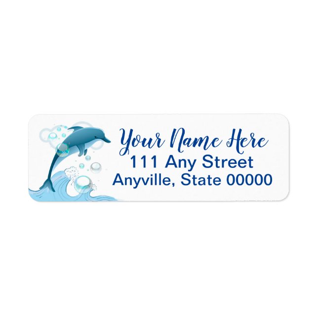 Etiqueta Feliz golfinho salpicante com bolhas (Frente)