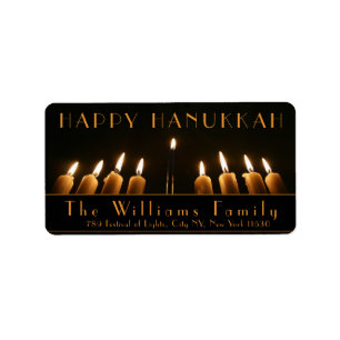 Etiqueta Feliz Hanukkah Menorah Luz Nove Queimando Velas