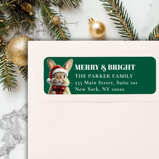 Etiqueta Feliz Natal! Adorável, Coelho, Papai Noel (MERRY & BRIGHT! Adorable, Rabbit With Red Santa Hat and Ribbon, Green Address Return Labels.)