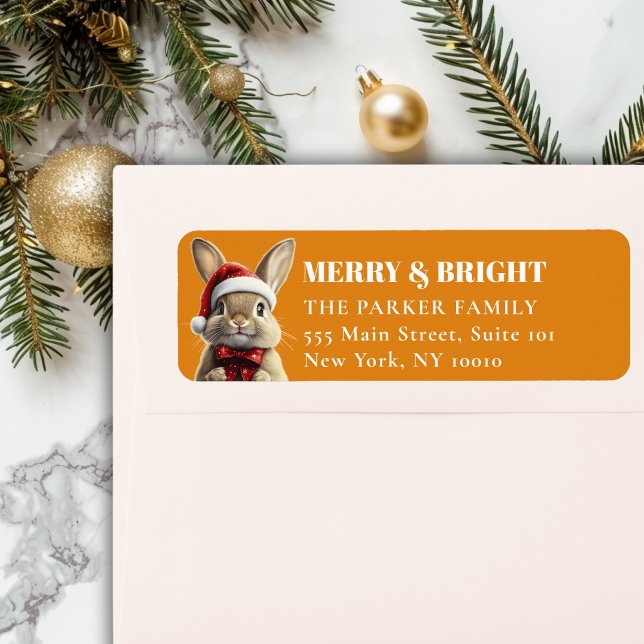 Etiqueta Feliz Natal! Adorável, Coelho, Papai Noel (MERRY & BRIGHT! Adorable, Rabbit With Red Santa Hat and Ribbon, Orange Address Return Labels. )