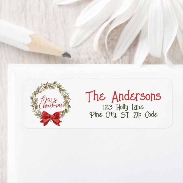 Etiqueta Feliz Natal Botânico Verde Vermelho Holly Wreath (Insitu)