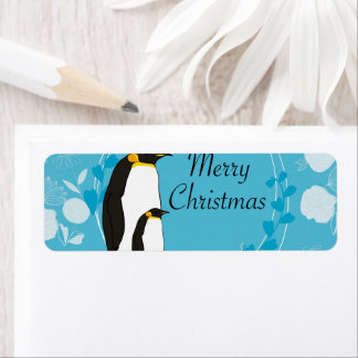 Etiqueta feliz natal, natal, pinguim, flores, azul,