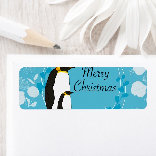 Etiqueta feliz natal, natal, pinguim, flores, azul, (Insitu)