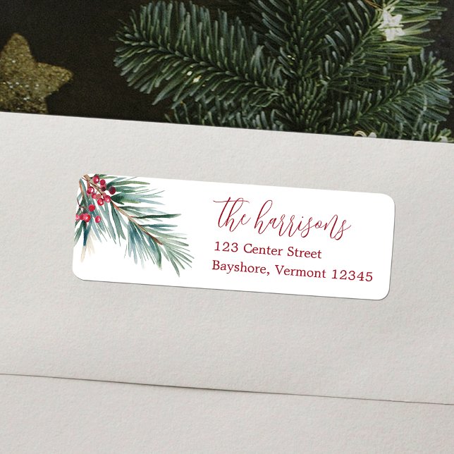 Etiqueta Feliz Natal - Pinheiros e Berries (Merry Christmas Watercolor Pine and Berries Label)