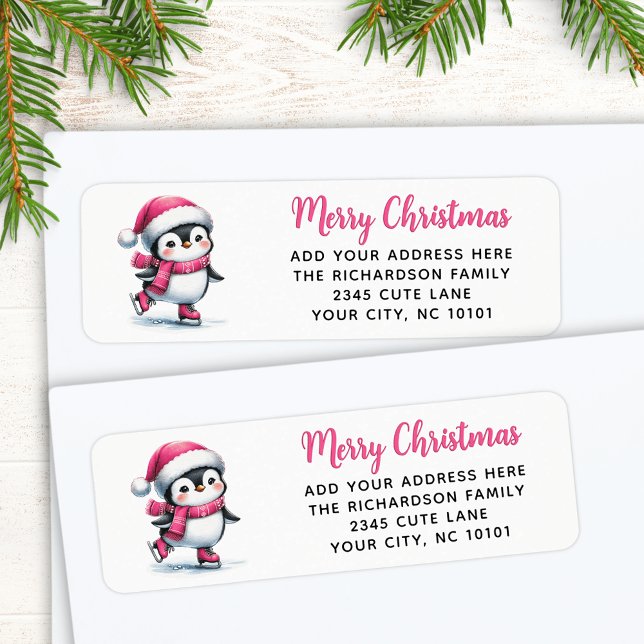 Etiqueta Feliz Natal Pink Gelado Pinguim (Criador carregado)