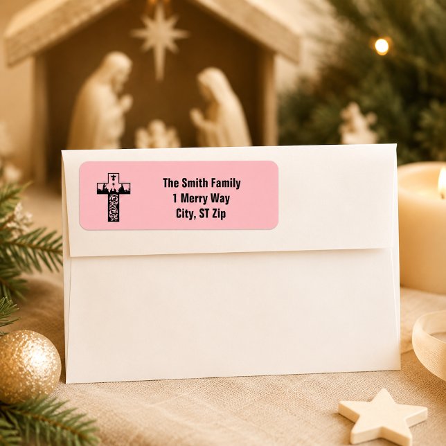 Etiqueta Feliz Natal Presépio Cruz Rosa (Criador carregado)