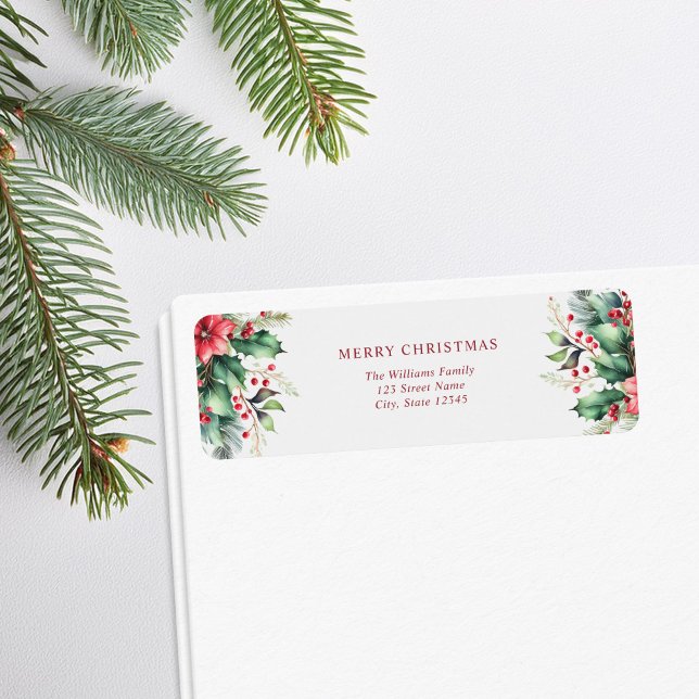 Etiqueta Feliz Natal Simples Endereço de Devolução Floral (Criador carregado)