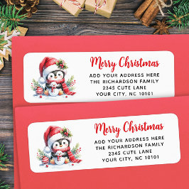 Etiqueta Feliz Natal Vermelho, Branco, Pinguim Branco, Pers