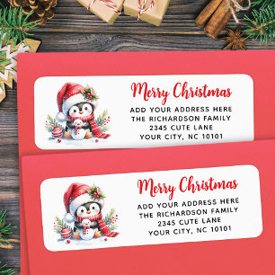 Etiqueta Feliz Natal Vermelho, Branco, Pinguim Branco, Pers