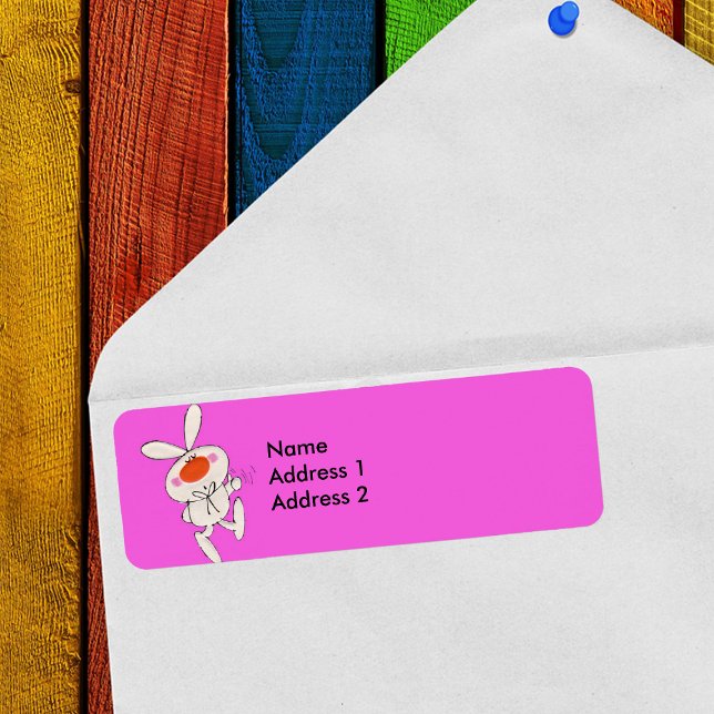 Etiqueta Feliz Rabbit Branco Canto Dançante (Cartoon white bunny thumbs up sign bow tie on bright pink return address labels.)