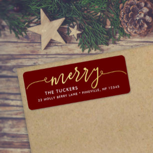Etiqueta FELIZ Script Gold Foil Dark Red Christmas Address