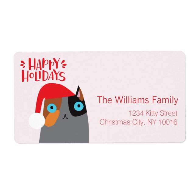 Etiqueta Felizes Feriados - Cartoon de Gato de Natal (Frente)