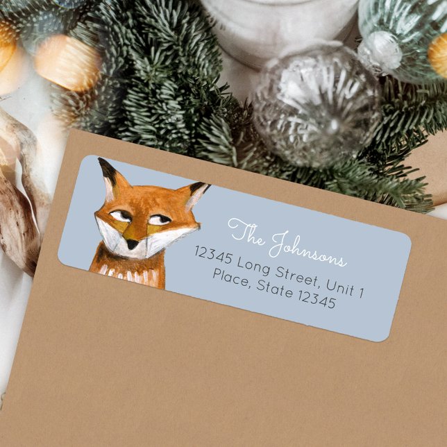 Etiqueta Feriado Azul da Raposa Fresco Fresco Bonito (Christmas Holiday Woodland Animal Fox address label)