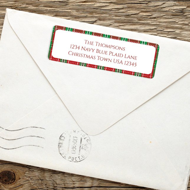 Etiqueta Feriado de Natal Simples Xadrez Festiva Vermelha V (Christmas Holiday red and green plaid patterned return address label. )