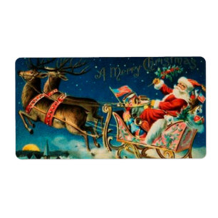 Etiqueta Feriado de Natal Vintage Santa Claus Sleigh